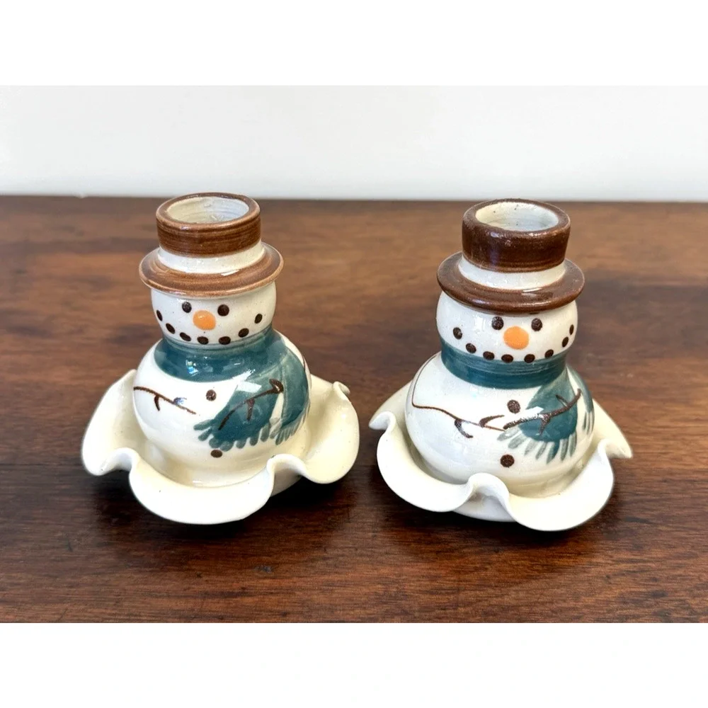 Set 2 Kovack NC Pottery Snowman Candle Holders Signed 1997 Hand Painted 3.25